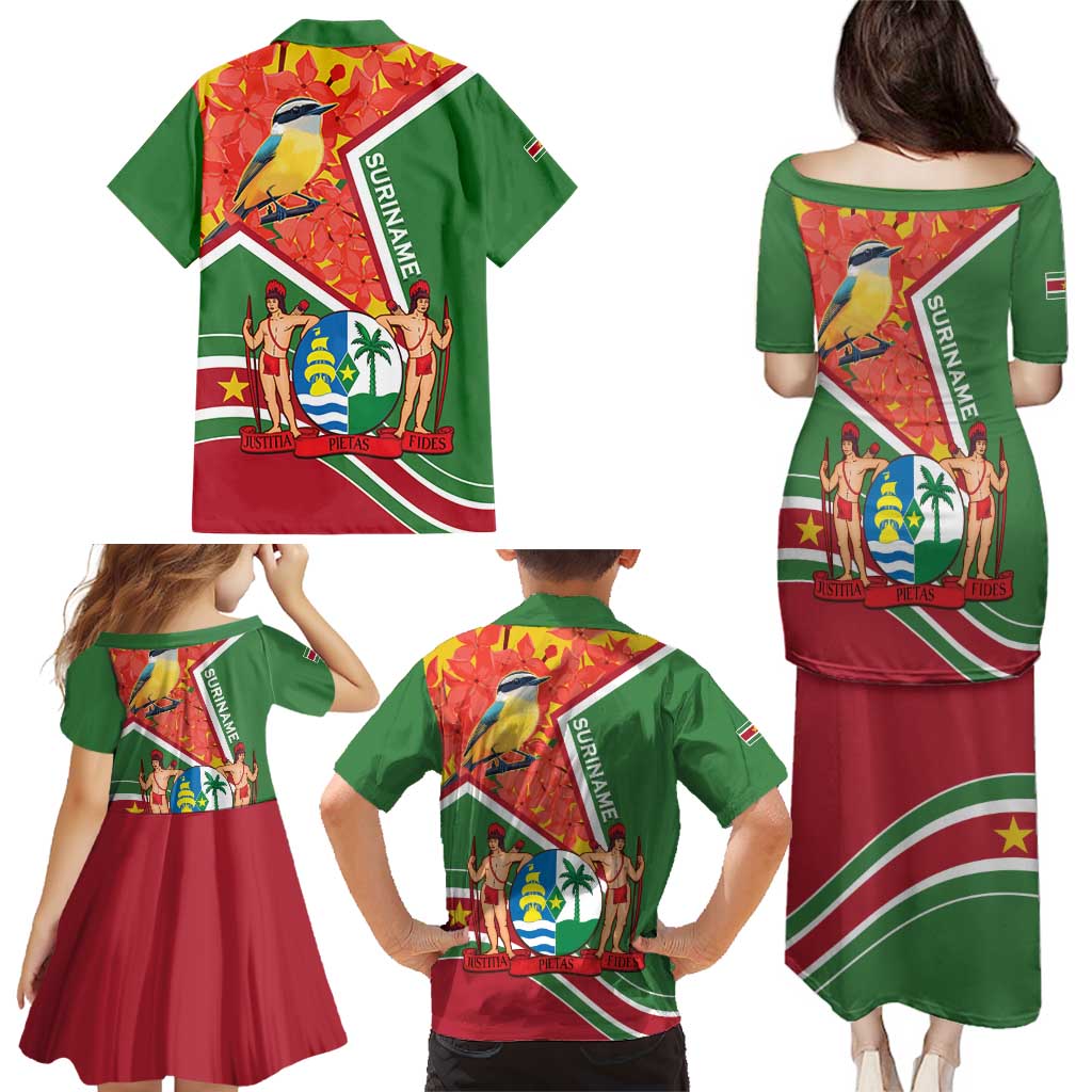 Suriname Independence Day Family Matching Puletasi and Hawaiian Shirt Coat Of Arms With Lesser Kiskadee - Wonder Print Shop
