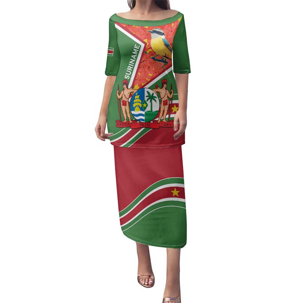 Suriname Independence Day Family Matching Puletasi and Hawaiian Shirt Coat Of Arms With Lesser Kiskadee - Wonder Print Shop