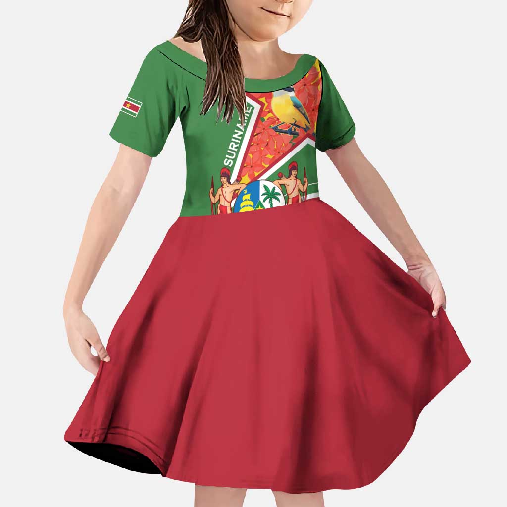 Suriname Independence Day Family Matching Short Sleeve Bodycon Dress and Hawaiian Shirt Coat Of Arms With Lesser Kiskadee - Wonder Print Shop