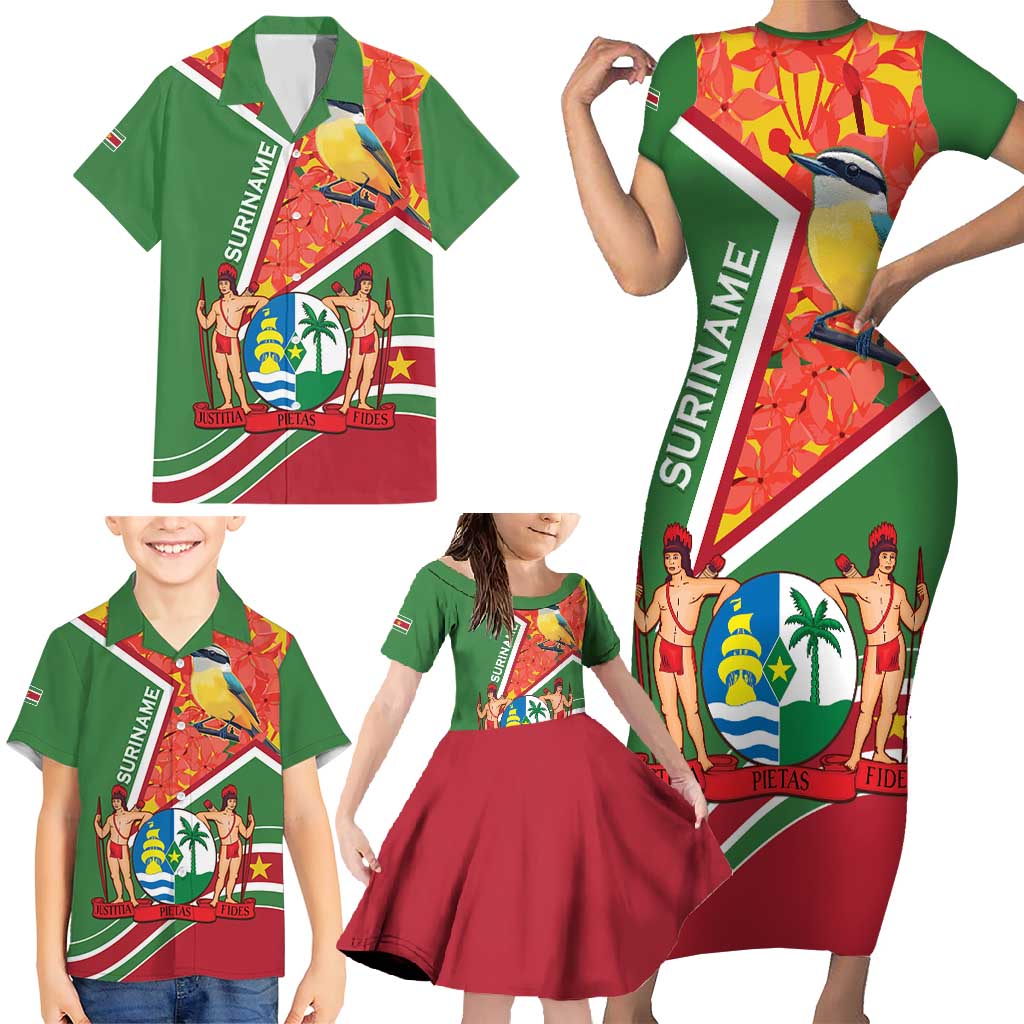 Suriname Independence Day Family Matching Short Sleeve Bodycon Dress and Hawaiian Shirt Coat Of Arms With Lesser Kiskadee - Wonder Print Shop