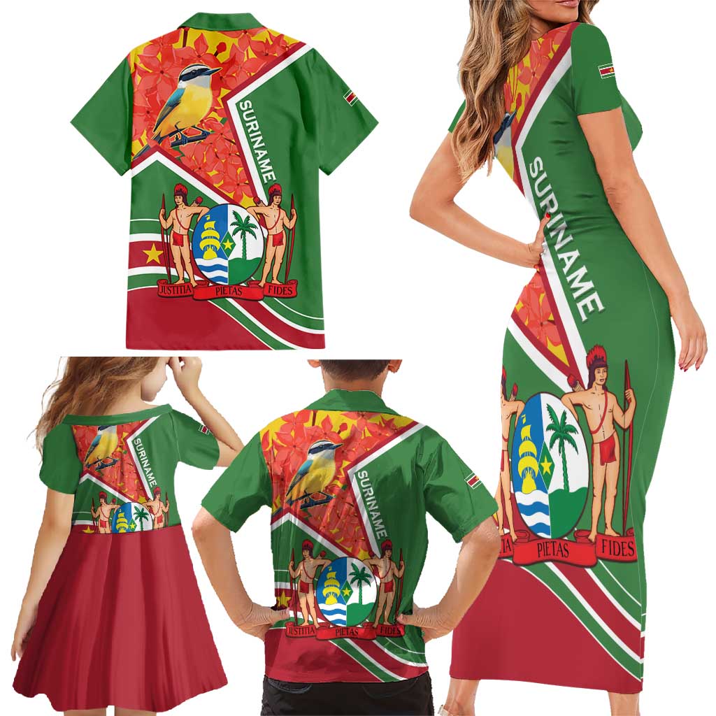 Suriname Independence Day Family Matching Short Sleeve Bodycon Dress and Hawaiian Shirt Coat Of Arms With Lesser Kiskadee - Wonder Print Shop