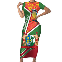 Suriname Independence Day Family Matching Short Sleeve Bodycon Dress and Hawaiian Shirt Coat Of Arms With Lesser Kiskadee - Wonder Print Shop