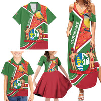 Suriname Independence Day Family Matching Summer Maxi Dress and Hawaiian Shirt Coat Of Arms With Lesser Kiskadee - Wonder Print Shop