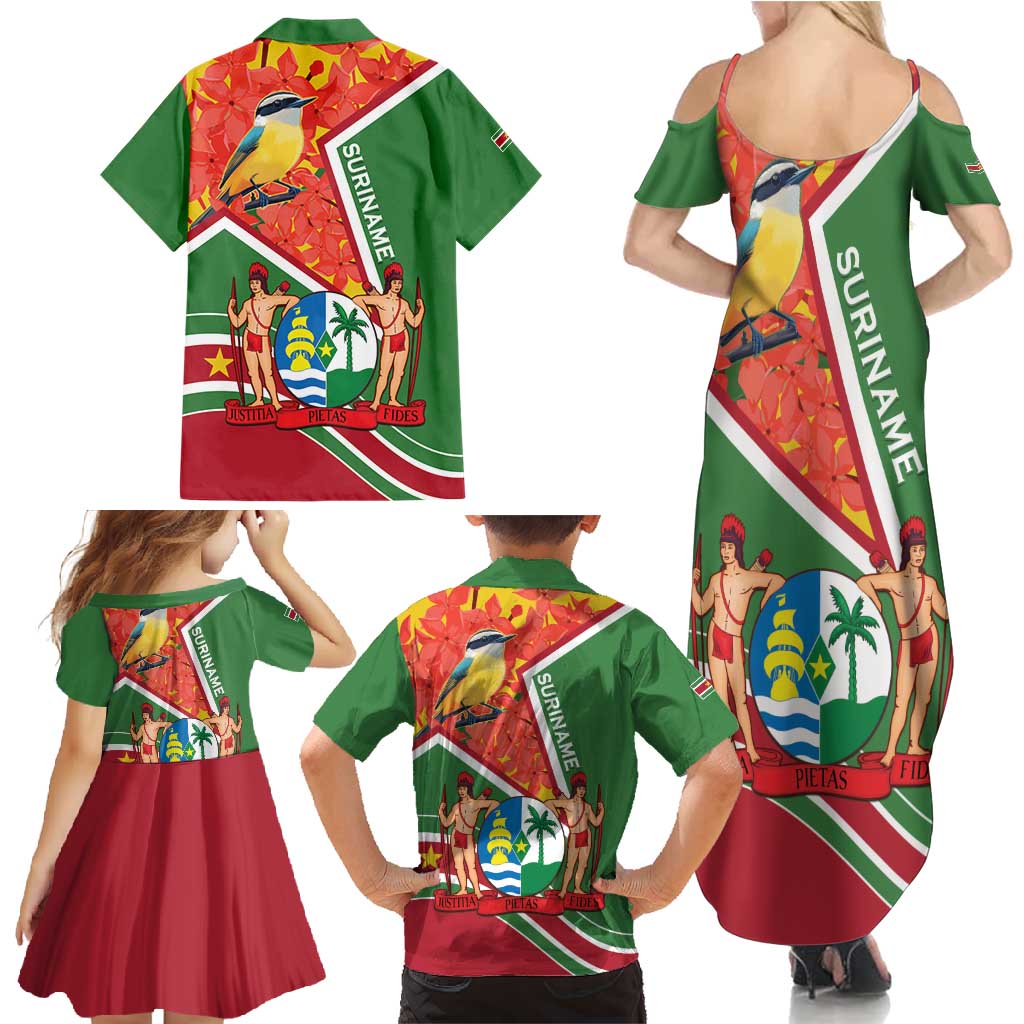 Suriname Independence Day Family Matching Summer Maxi Dress and Hawaiian Shirt Coat Of Arms With Lesser Kiskadee - Wonder Print Shop