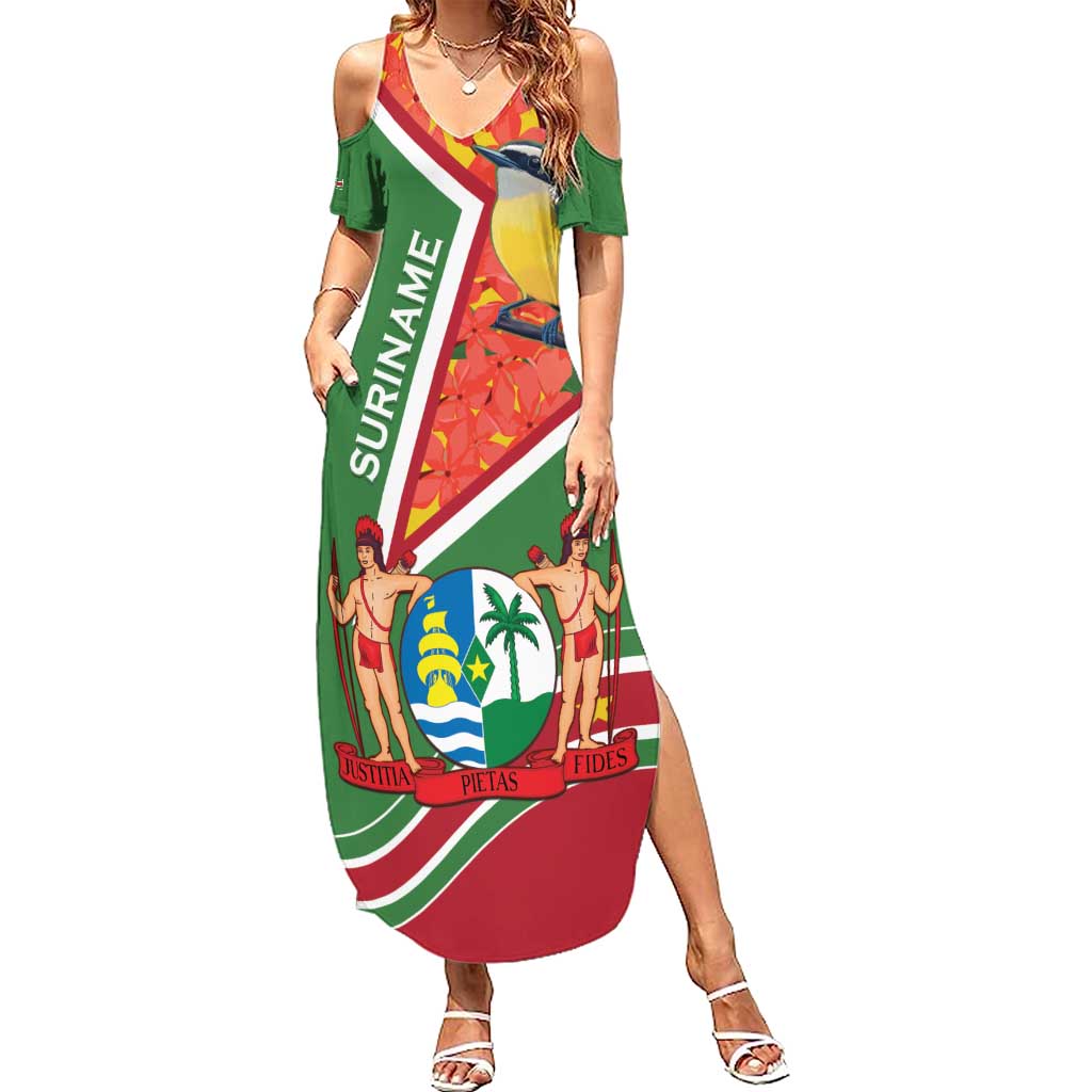 Suriname Independence Day Family Matching Summer Maxi Dress and Hawaiian Shirt Coat Of Arms With Lesser Kiskadee - Wonder Print Shop