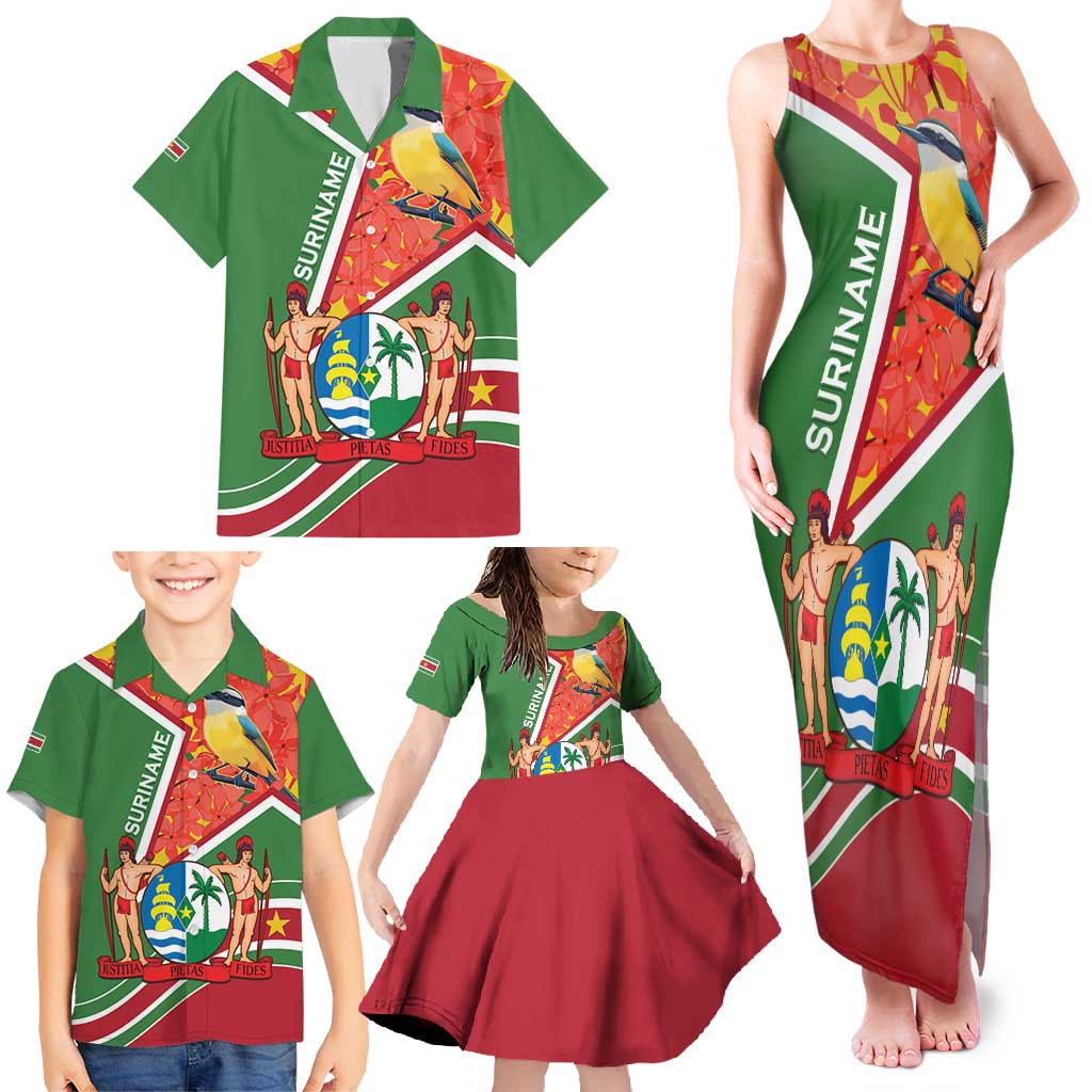 Suriname Independence Day Family Matching Tank Maxi Dress and Hawaiian Shirt Coat Of Arms With Lesser Kiskadee - Wonder Print Shop