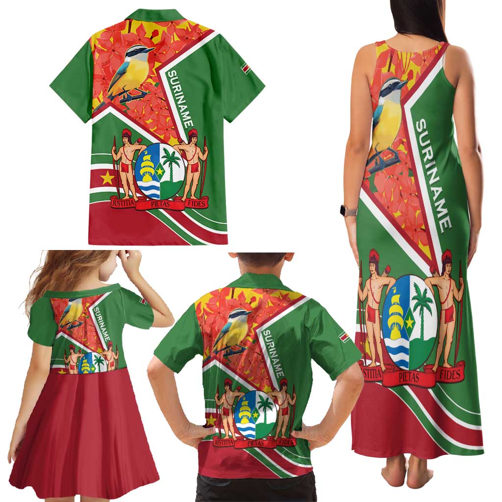 Suriname Independence Day Family Matching Tank Maxi Dress and Hawaiian Shirt Coat Of Arms With Lesser Kiskadee - Wonder Print Shop