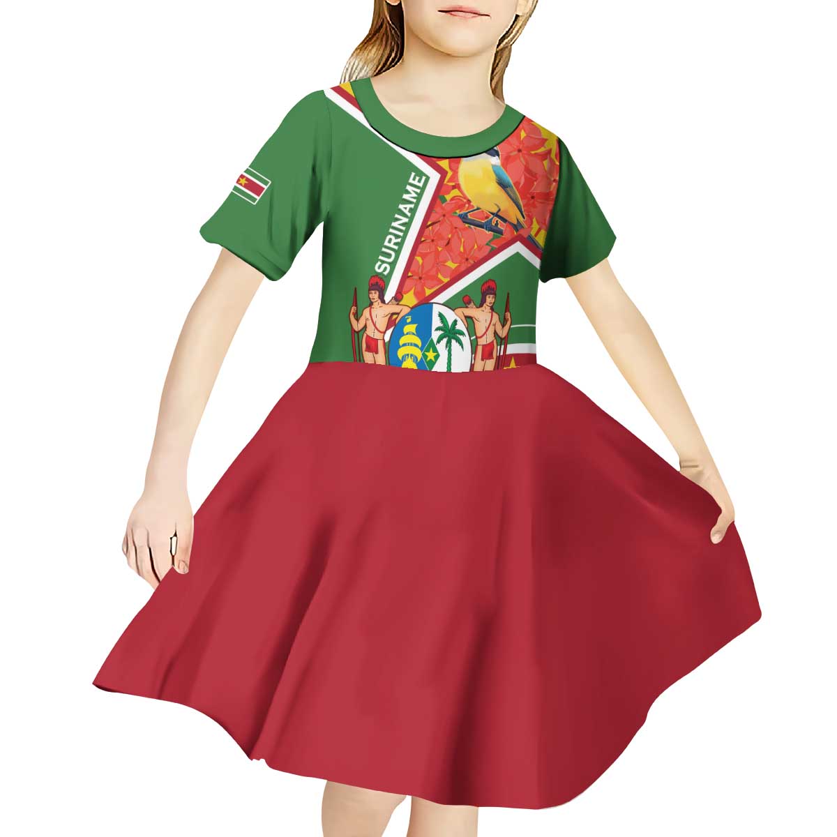 Suriname Independence Day Kid Short Sleeve Dress Coat Of Arms With Lesser Kiskadee - Wonder Print Shop