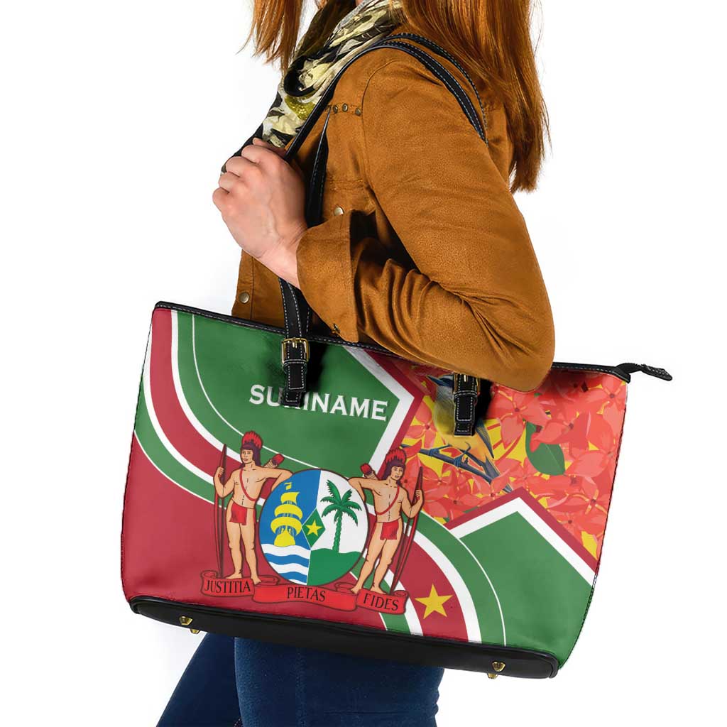 Suriname Independence Day Leather Tote Bag Coat Of Arms With Lesser Kiskadee - Wonder Print Shop