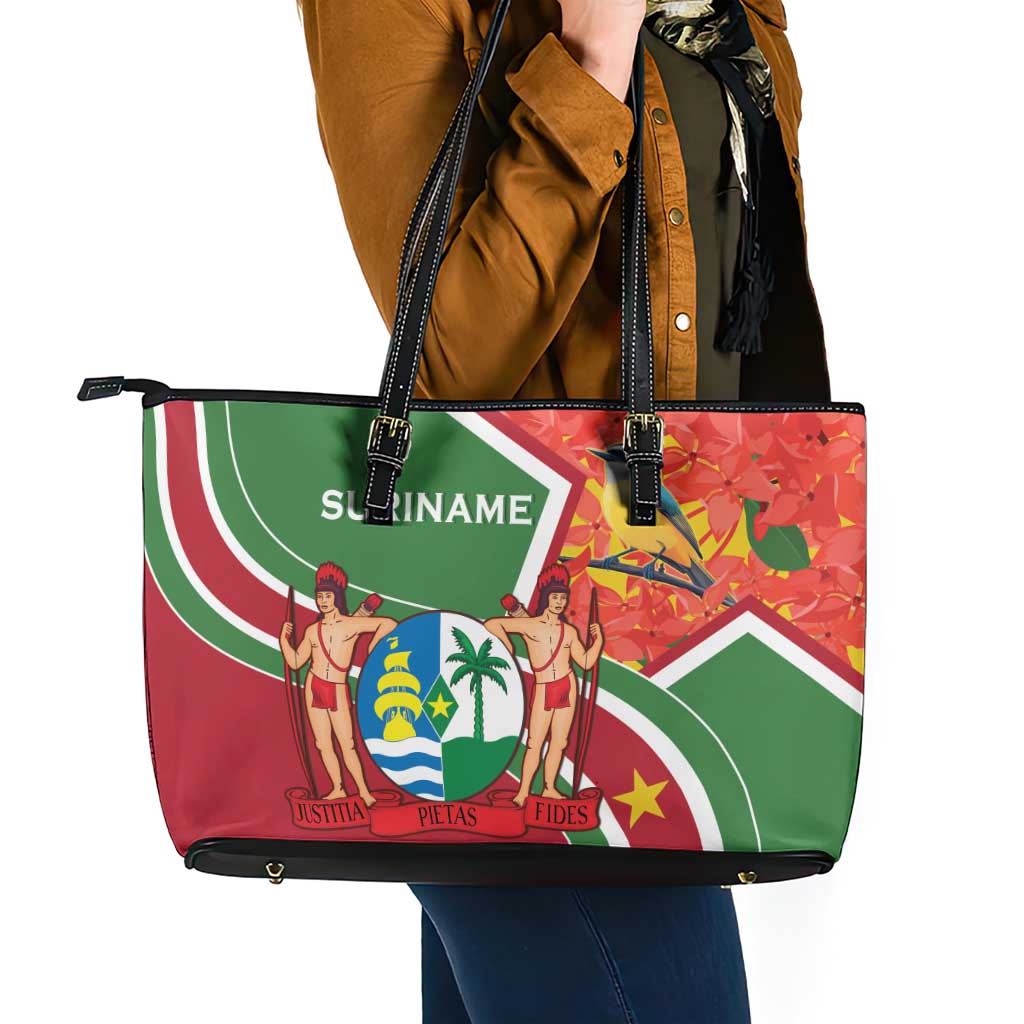 Suriname Independence Day Leather Tote Bag Coat Of Arms With Lesser Kiskadee - Wonder Print Shop