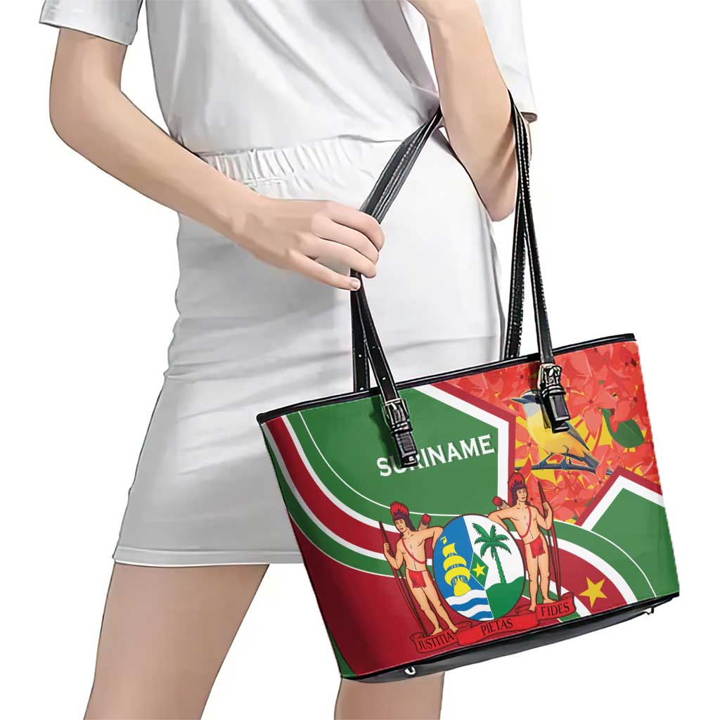 Suriname Independence Day Leather Tote Bag Coat Of Arms With Lesser Kiskadee - Wonder Print Shop