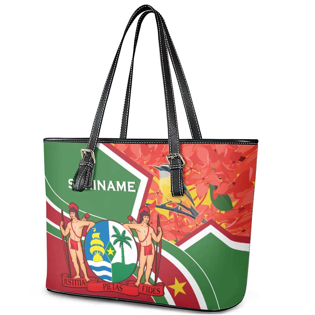Suriname Independence Day Leather Tote Bag Coat Of Arms With Lesser Kiskadee - Wonder Print Shop