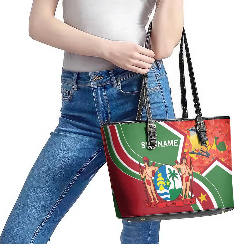 Suriname Independence Day Leather Tote Bag Coat Of Arms With Lesser Kiskadee - Wonder Print Shop
