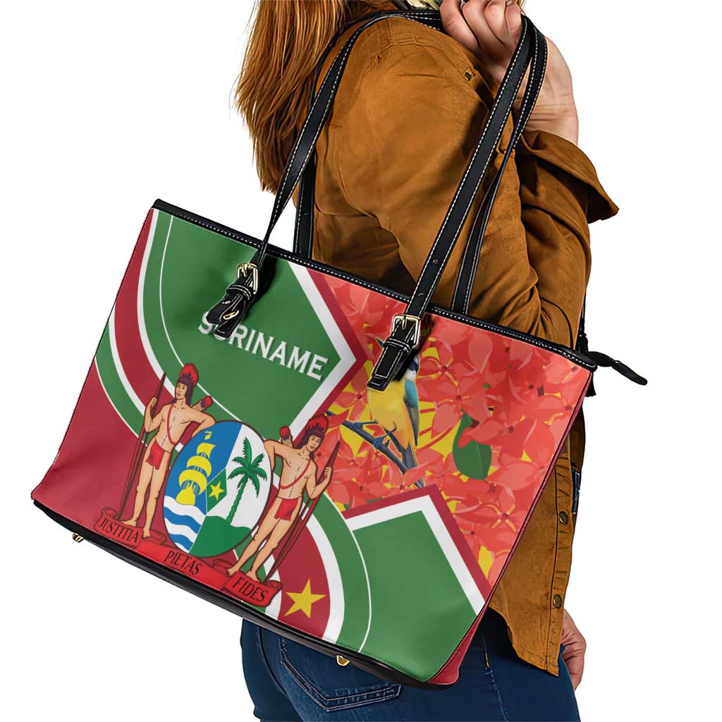Suriname Independence Day Leather Tote Bag Coat Of Arms With Lesser Kiskadee - Wonder Print Shop