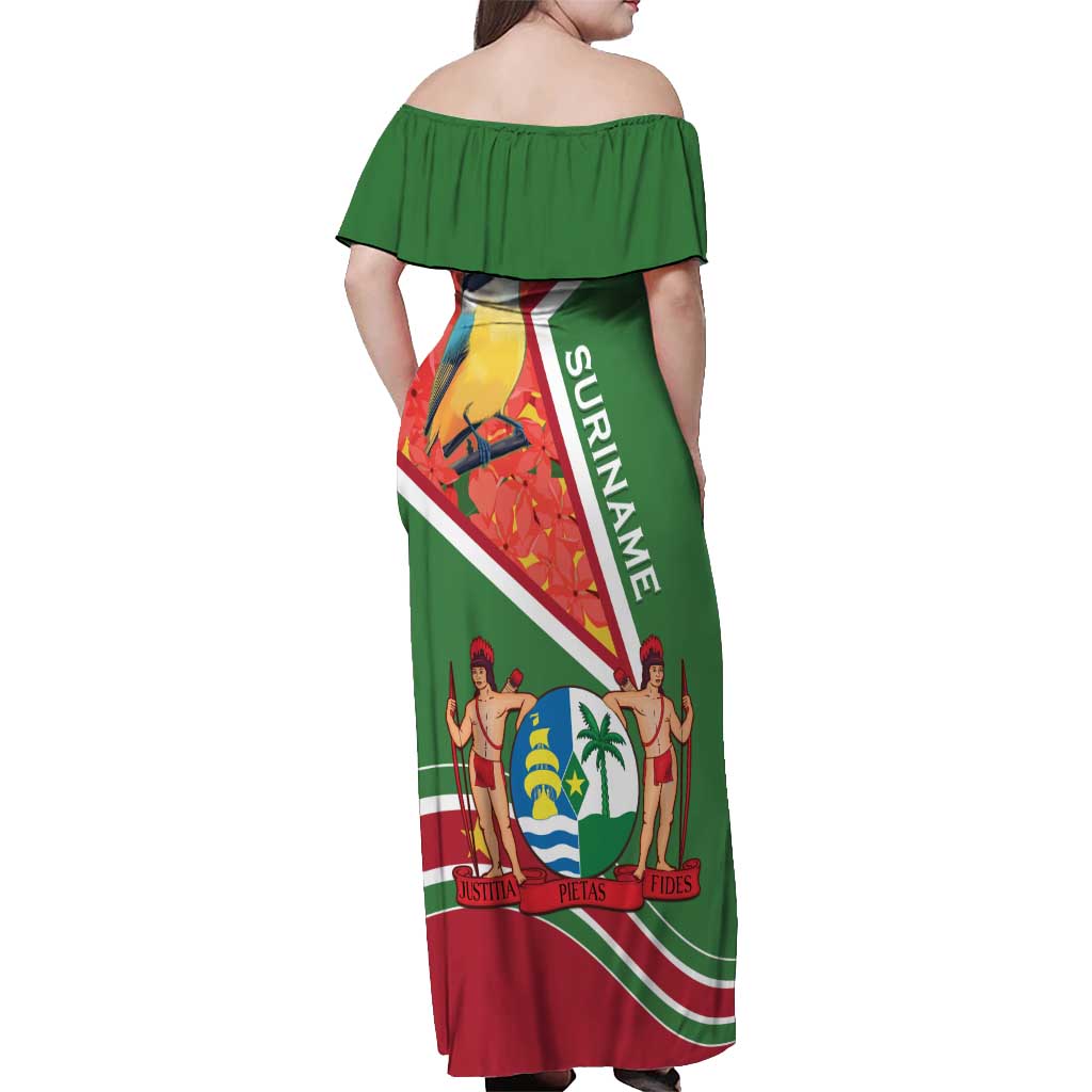 Suriname Independence Day Off Shoulder Maxi Dress Coat Of Arms With Lesser Kiskadee - Wonder Print Shop