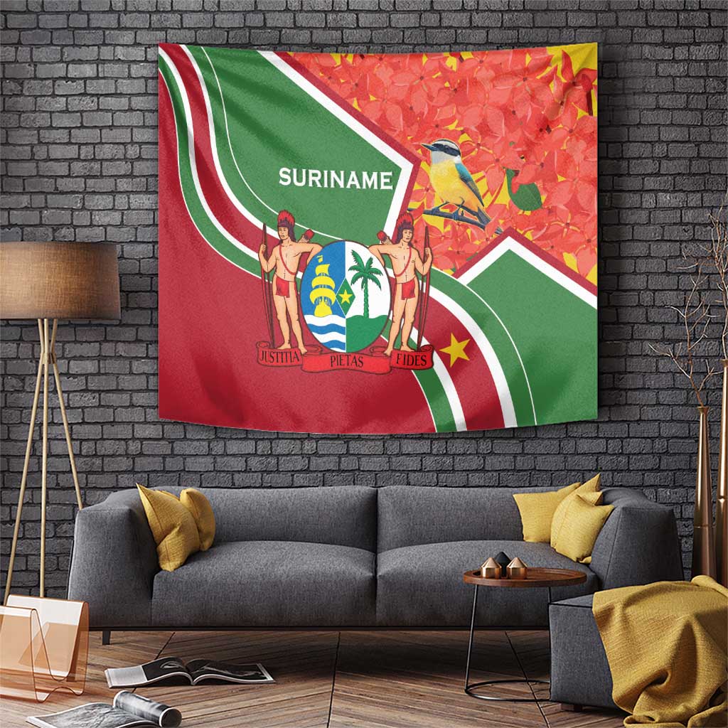 Suriname Independence Day Tapestry Coat Of Arms With Lesser Kiskadee - Wonder Print Shop