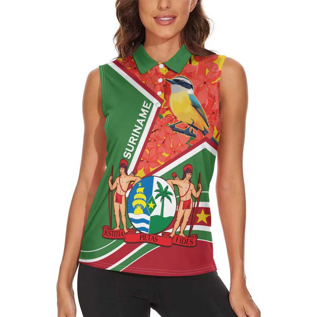 Suriname Independence Day Women Sleeveless Polo Shirt Coat Of Arms With Lesser Kiskadee - Wonder Print Shop