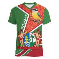 Suriname Independence Day Women V-Neck T-Shirt Coat Of Arms With Lesser Kiskadee - Wonder Print Shop