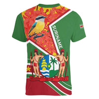 Suriname Independence Day Women V-Neck T-Shirt Coat Of Arms With Lesser Kiskadee - Wonder Print Shop