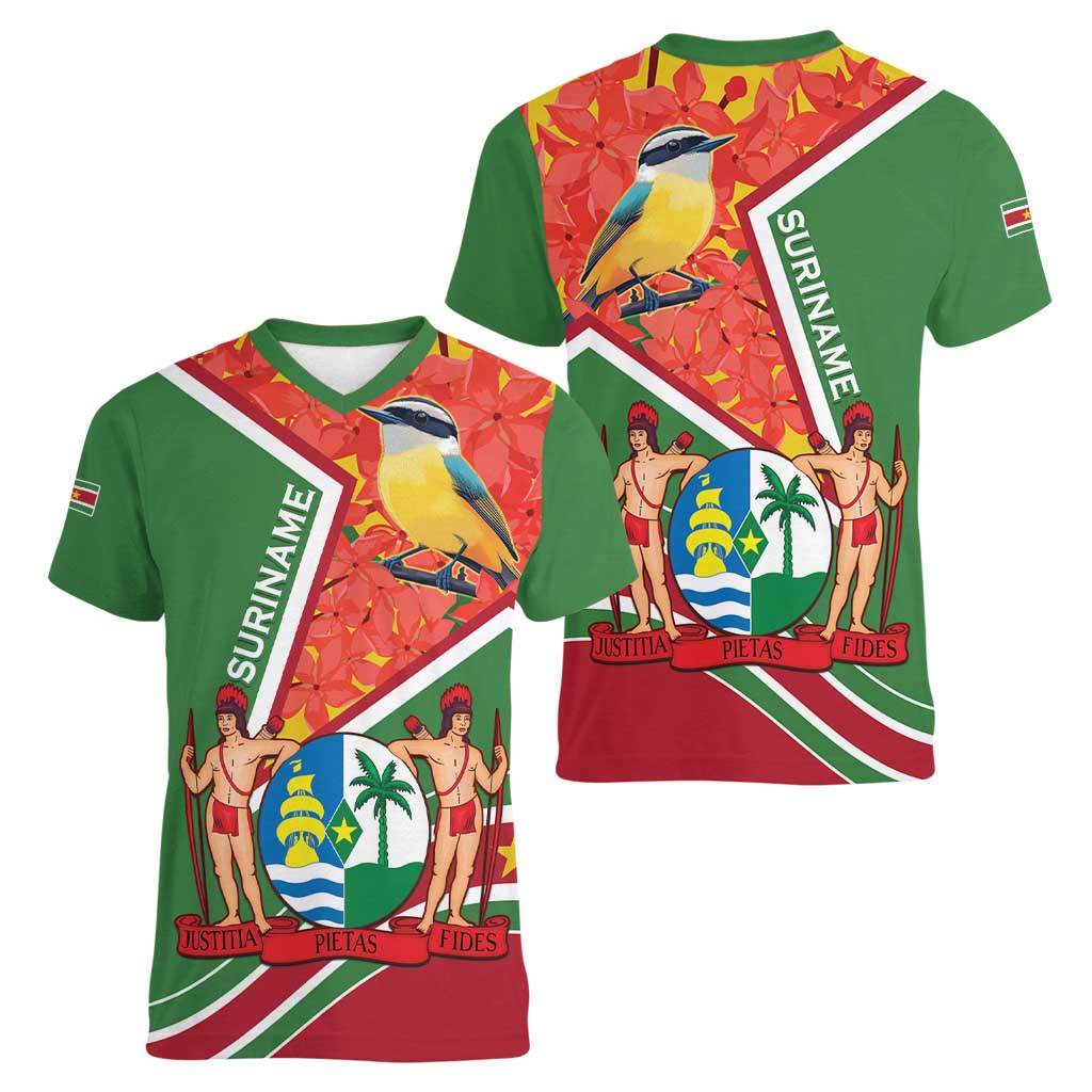 Suriname Independence Day Women V-Neck T-Shirt Coat Of Arms With Lesser Kiskadee - Wonder Print Shop