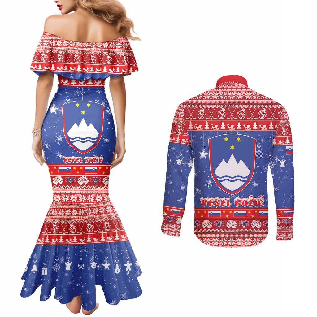 Slovenia Christmas Couples Matching Mermaid Dress and Long Sleeve Button Shirt Coat Of Arms Vesel Bozic