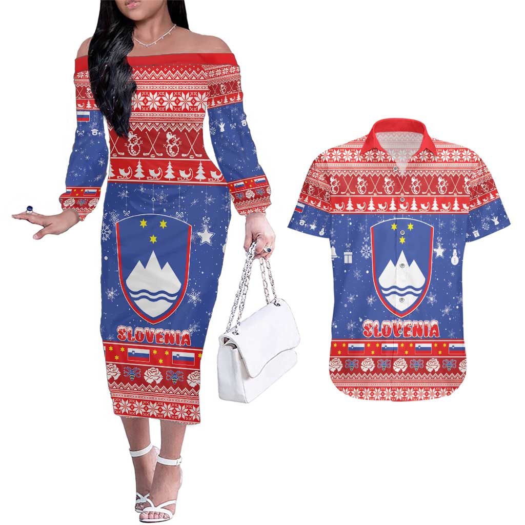 Slovenia Christmas Couples Matching Off The Shoulder Long Sleeve Dress and Hawaiian Shirt Coat Of Arms Vesel Bozic - Wonder Print Shop