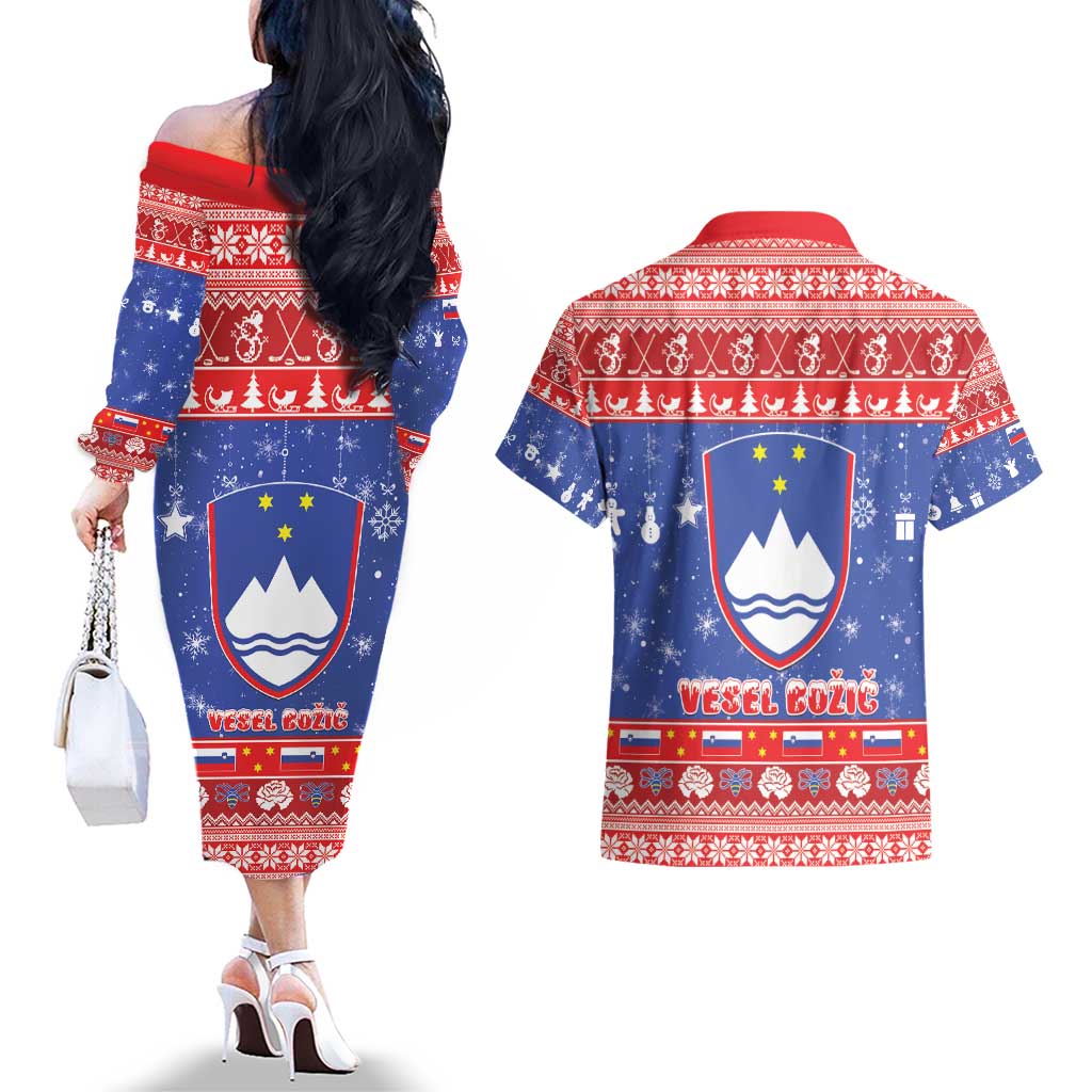 Slovenia Christmas Couples Matching Off The Shoulder Long Sleeve Dress and Hawaiian Shirt Coat Of Arms Vesel Bozic - Wonder Print Shop
