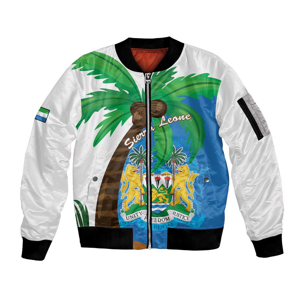 Personalised Sierra Leone Sleeve Zip Bomber Jacket Coat Of Arms With Flag Map - Wonder Print Shop
