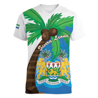 Personalised Sierra Leone Women V-Neck T-Shirt Coat Of Arms With Flag Map - Wonder Print Shop