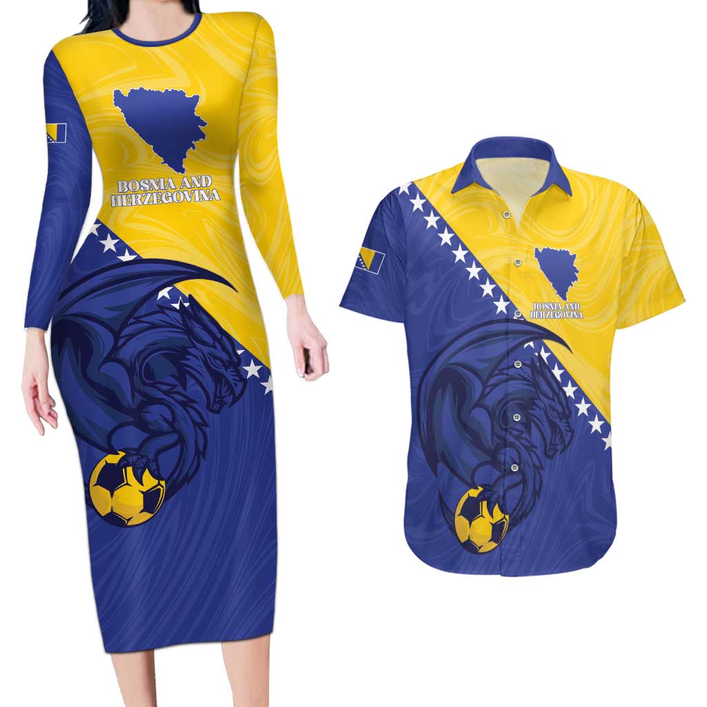 Custom Bosnia and Herzegovina Football 2026 Couples Matching Long Sleeve Bodycon Dress and Hawaiian Shirt The Dragons Of Europe - Wonder Print Shop