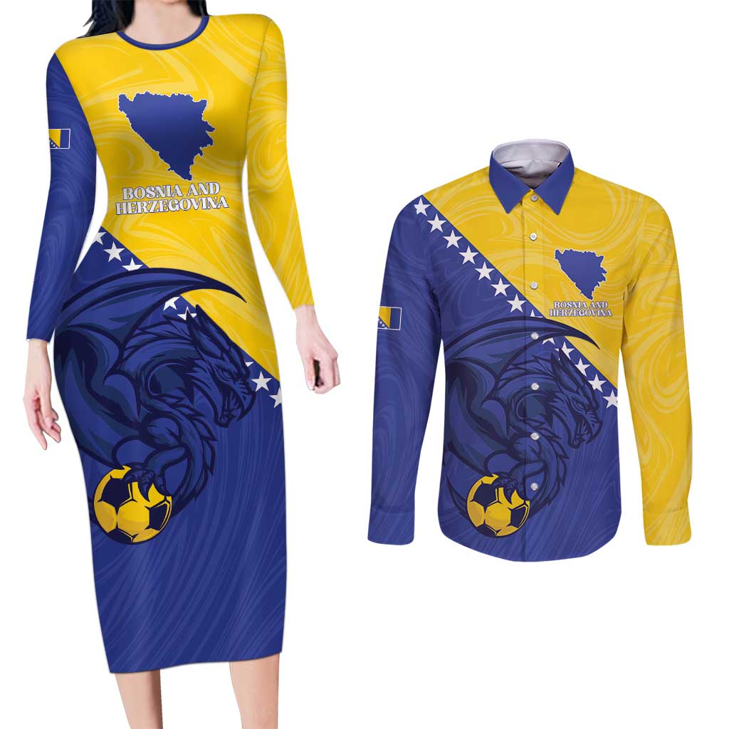 Custom Bosnia and Herzegovina Football 2026 Couples Matching Long Sleeve Bodycon Dress and Long Sleeve Button Shirt The Dragons Of Europe - Wonder Print Shop