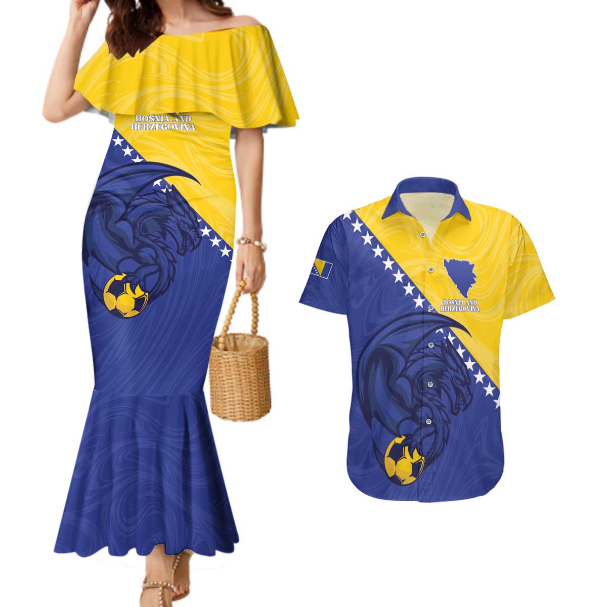 Custom Bosnia and Herzegovina Football 2026 Couples Matching Mermaid Dress and Hawaiian Shirt The Dragons Of Europe - Wonder Print Shop