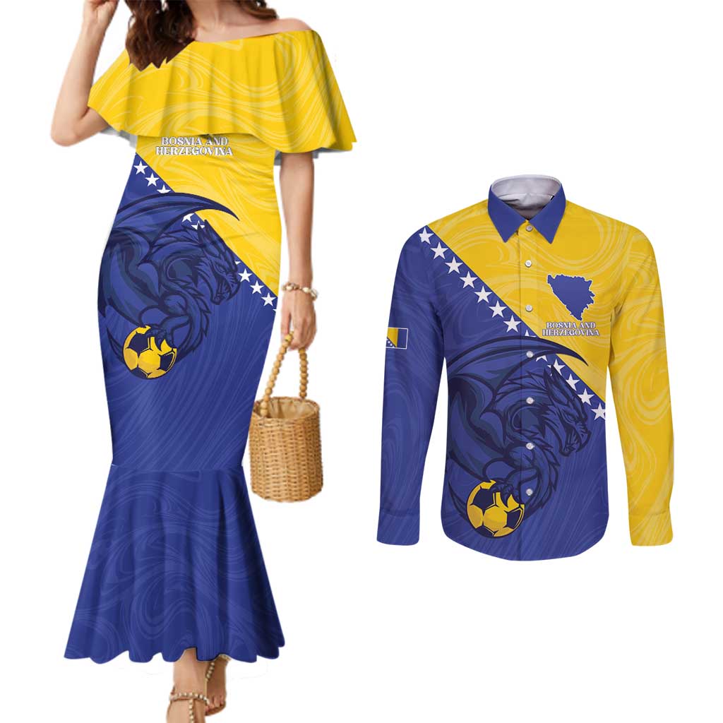 Custom Bosnia and Herzegovina Football 2026 Couples Matching Mermaid Dress and Long Sleeve Button Shirt The Dragons Of Europe - Wonder Print Shop