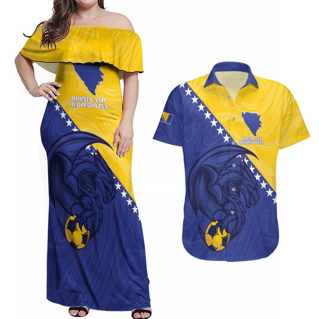 Custom Bosnia and Herzegovina Football 2026 Couples Matching Off Shoulder Maxi Dress and Hawaiian Shirt The Dragons Of Europe - Wonder Print Shop