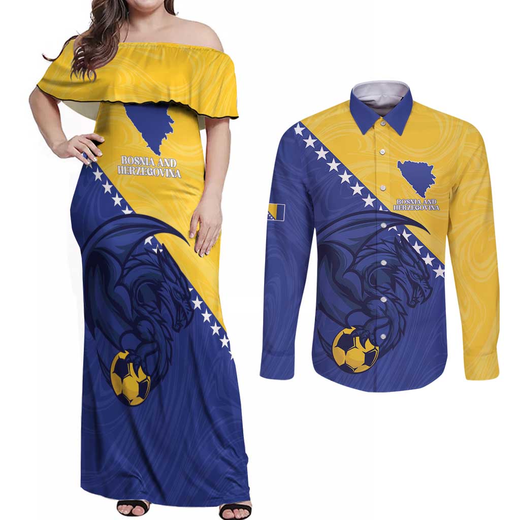 Custom Bosnia and Herzegovina Football 2026 Couples Matching Off Shoulder Maxi Dress and Long Sleeve Button Shirt The Dragons Of Europe - Wonder Print Shop