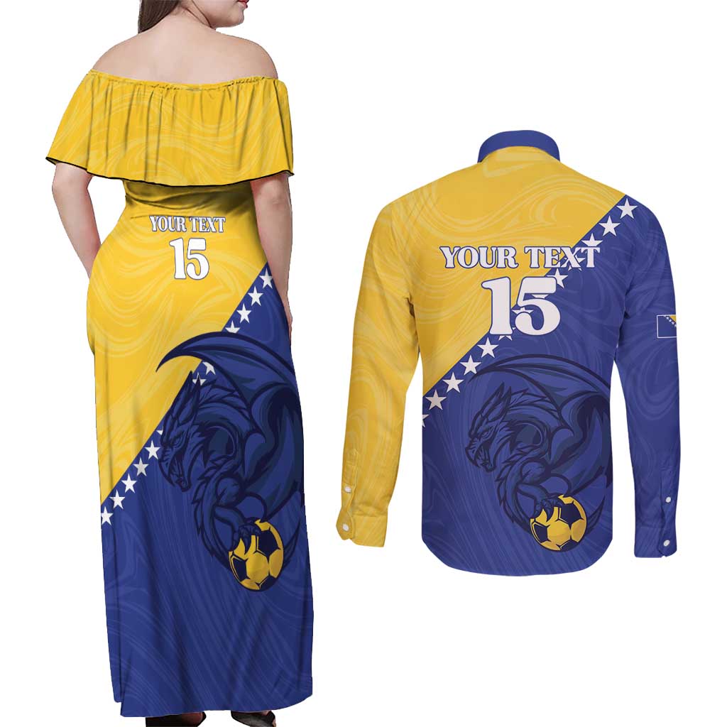 Custom Bosnia and Herzegovina Football 2026 Couples Matching Off Shoulder Maxi Dress and Long Sleeve Button Shirt The Dragons Of Europe - Wonder Print Shop