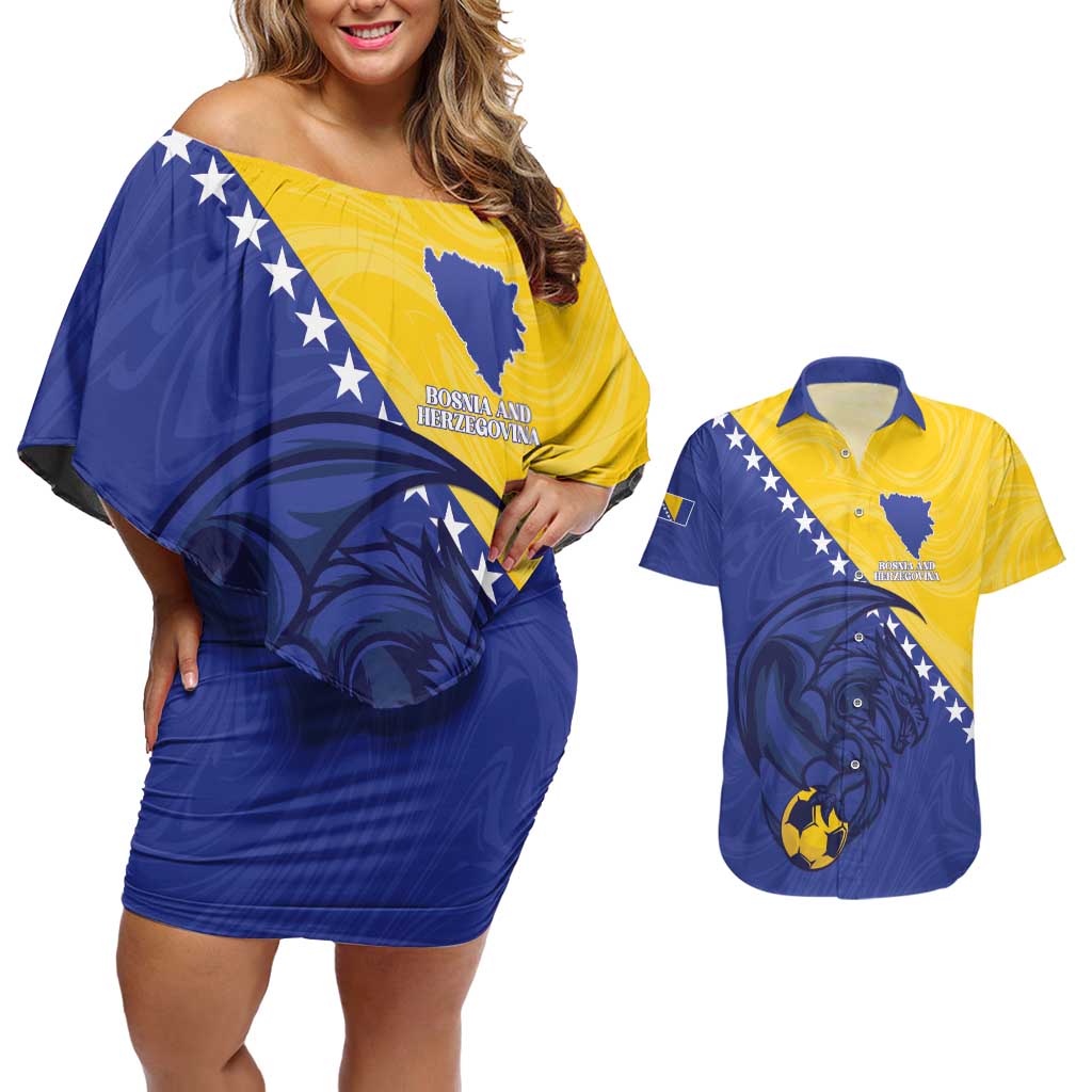 Custom Bosnia and Herzegovina Football 2026 Couples Matching Off Shoulder Short Dress and Hawaiian Shirt The Dragons Of Europe - Wonder Print Shop