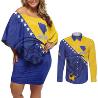Custom Bosnia and Herzegovina Football 2026 Couples Matching Off Shoulder Short Dress and Long Sleeve Button Shirt The Dragons Of Europe - Wonder Print Shop