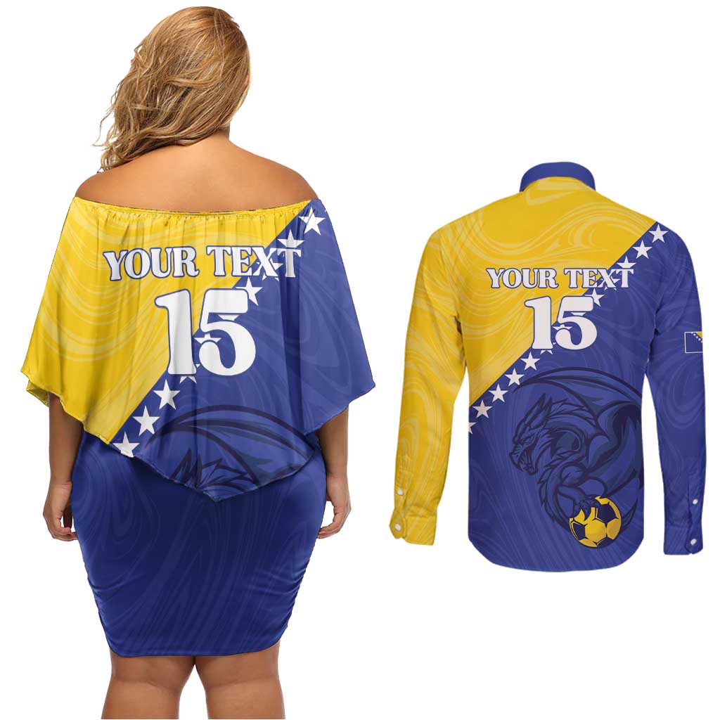 Custom Bosnia and Herzegovina Football 2026 Couples Matching Off Shoulder Short Dress and Long Sleeve Button Shirt The Dragons Of Europe - Wonder Print Shop