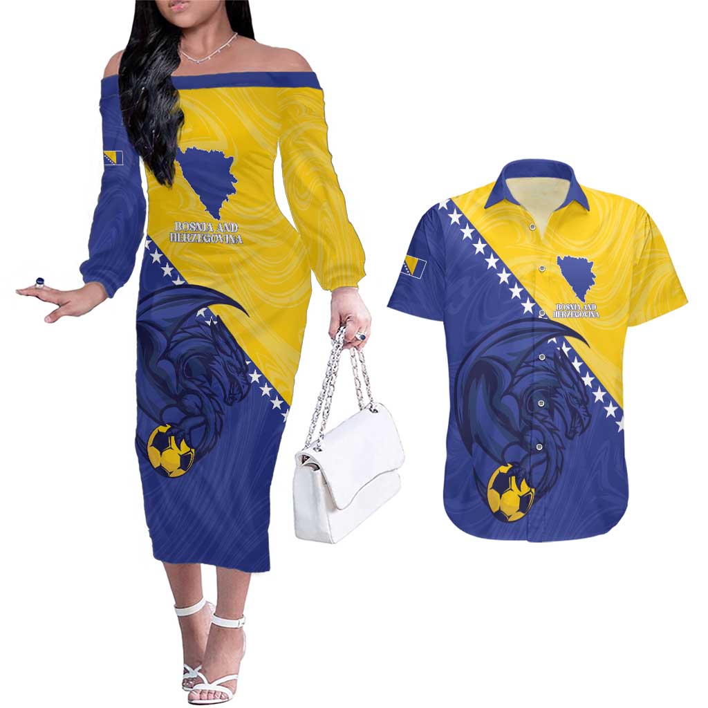 Custom Bosnia and Herzegovina Football 2026 Couples Matching Off The Shoulder Long Sleeve Dress and Hawaiian Shirt The Dragons Of Europe - Wonder Print Shop