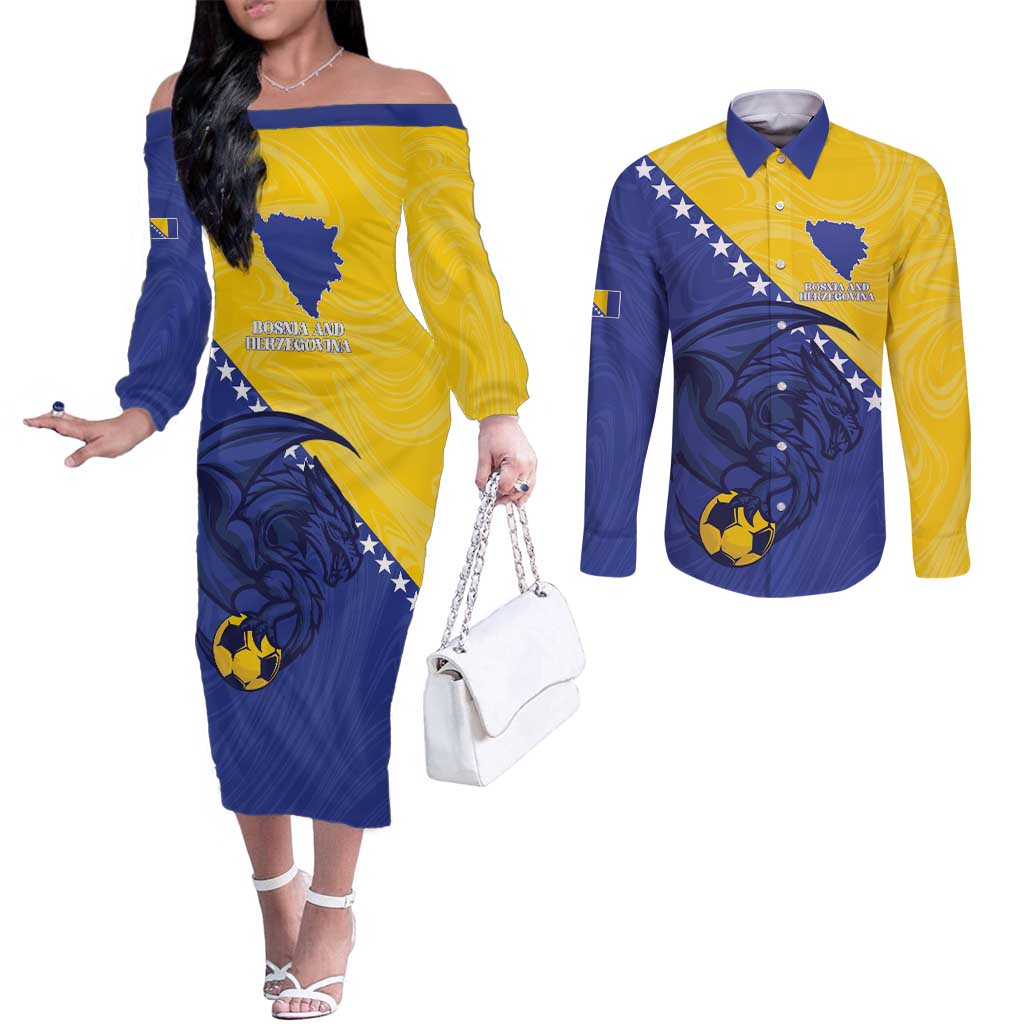 Custom Bosnia and Herzegovina Football 2026 Couples Matching Off The Shoulder Long Sleeve Dress and Long Sleeve Button Shirt The Dragons Of Europe - Wonder Print Shop