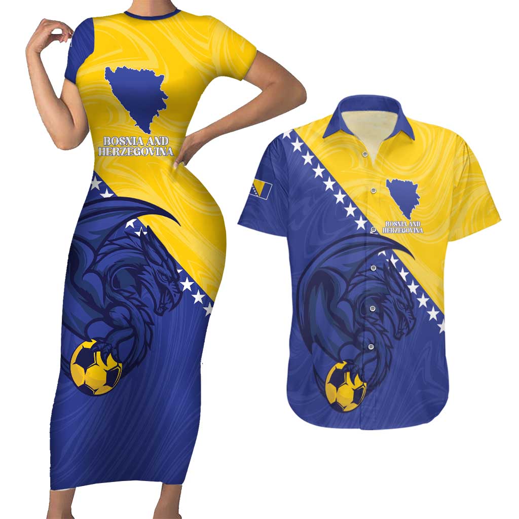 Custom Bosnia and Herzegovina Football 2026 Couples Matching Short Sleeve Bodycon Dress and Hawaiian Shirt The Dragons Of Europe - Wonder Print Shop