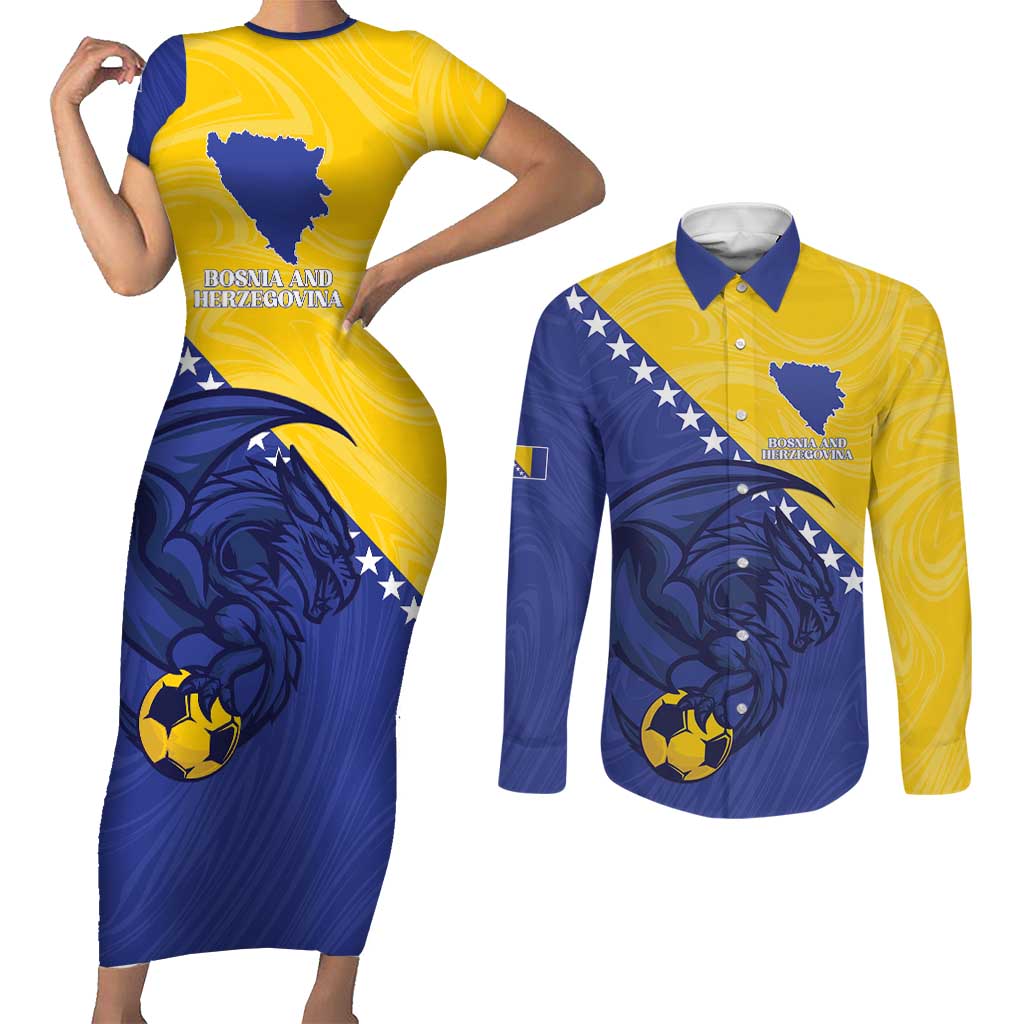 Custom Bosnia and Herzegovina Football 2026 Couples Matching Short Sleeve Bodycon Dress and Long Sleeve Button Shirt The Dragons Of Europe - Wonder Print Shop