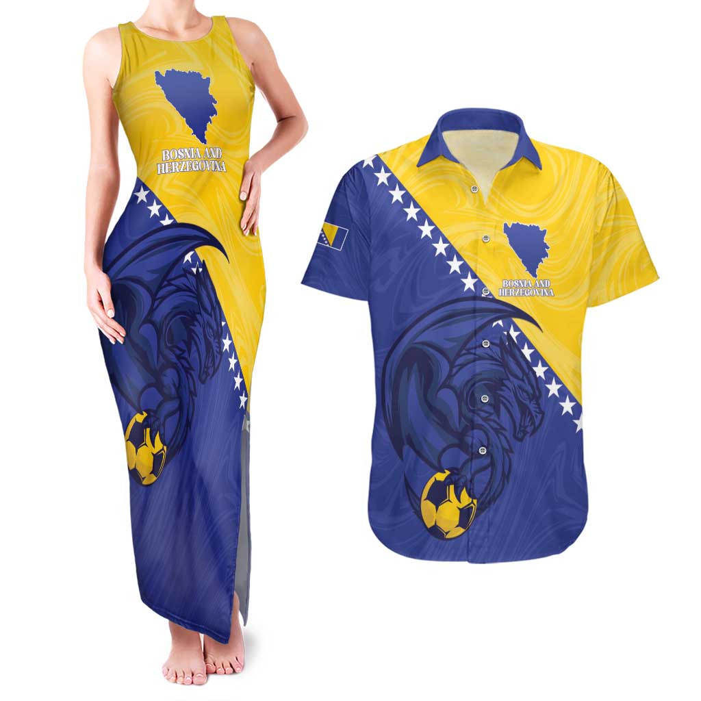 Custom Bosnia and Herzegovina Football 2026 Couples Matching Tank Maxi Dress and Hawaiian Shirt The Dragons Of Europe - Wonder Print Shop