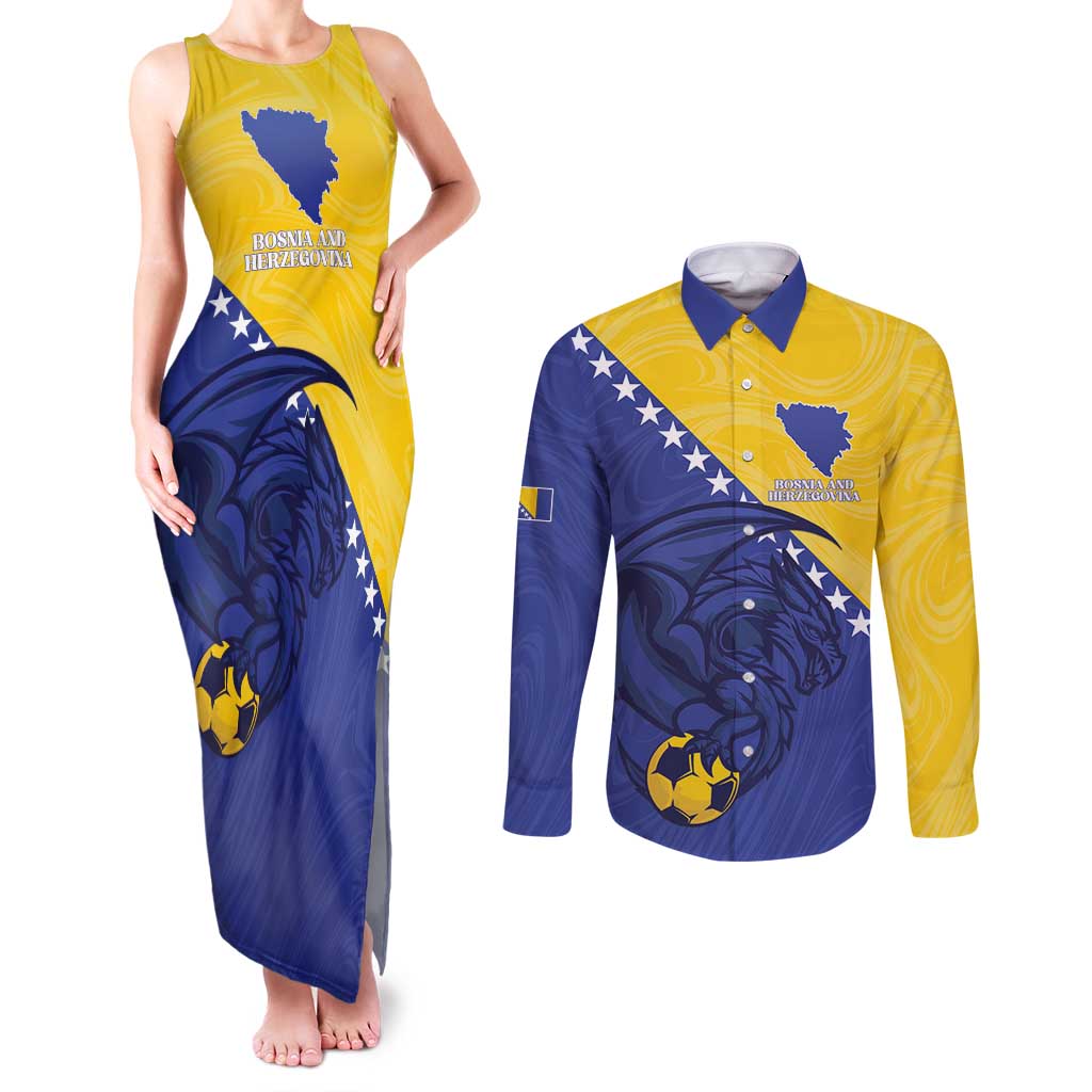 Custom Bosnia and Herzegovina Football 2026 Couples Matching Tank Maxi Dress and Long Sleeve Button Shirt The Dragons Of Europe - Wonder Print Shop