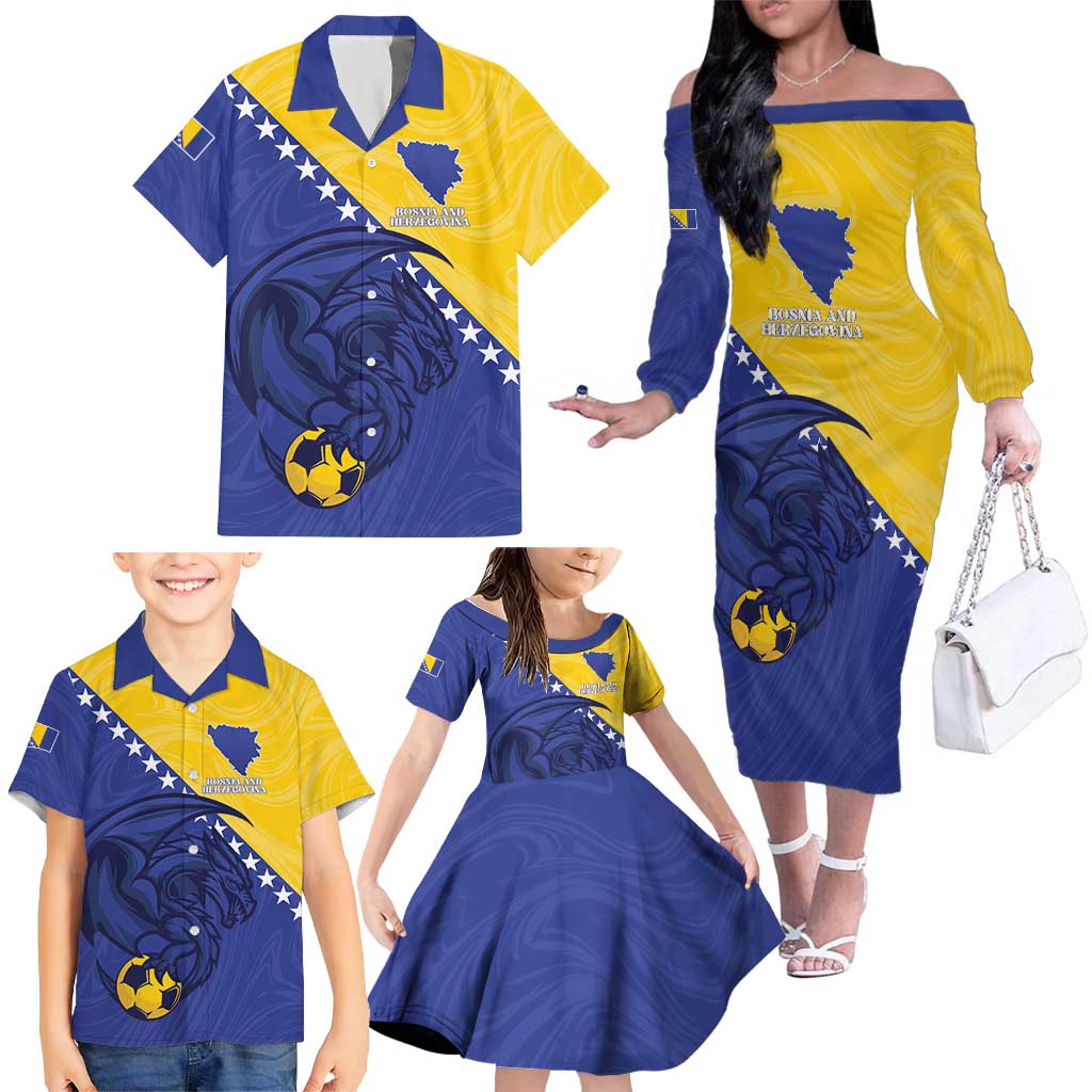 Custom Bosnia and Herzegovina Football 2026 Family Matching Off The Shoulder Long Sleeve Dress and Hawaiian Shirt The Dragons Of Europe - Wonder Print Shop