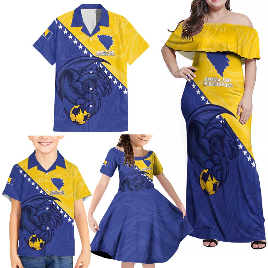 Custom Bosnia and Herzegovina Football 2026 Family Matching Off Shoulder Maxi Dress and Hawaiian Shirt The Dragons Of Europe - Wonder Print Shop