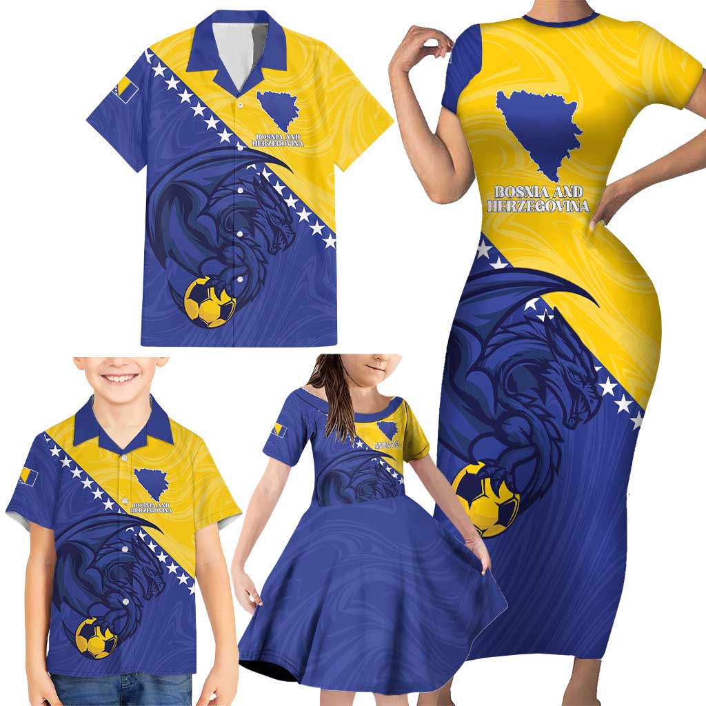 Custom Bosnia and Herzegovina Football 2026 Family Matching Short Sleeve Bodycon Dress and Hawaiian Shirt The Dragons Of Europe - Wonder Print Shop
