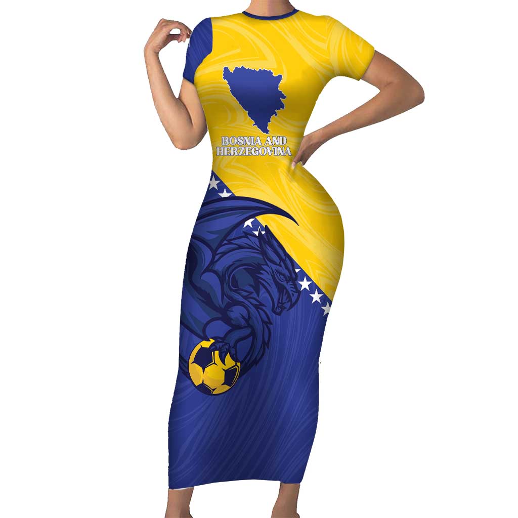 Custom Bosnia and Herzegovina Football 2026 Family Matching Short Sleeve Bodycon Dress and Hawaiian Shirt The Dragons Of Europe - Wonder Print Shop