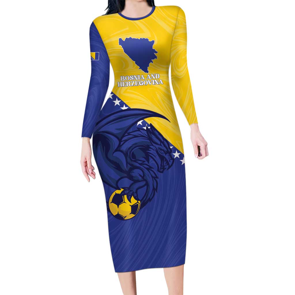 Custom Bosnia and Herzegovina Football 2026 Long Sleeve Bodycon Dress The Dragons Of Europe - Wonder Print Shop